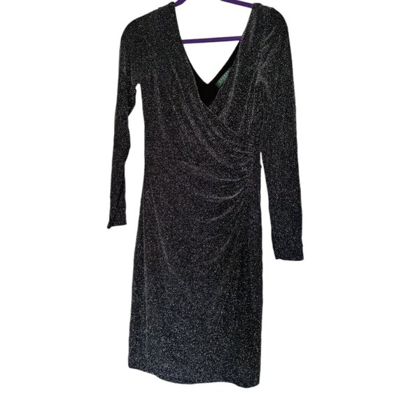 NWT $170 Ralph Lauren Womans Black Silver Sheath Ruched Faux Wrap Dress Size 6 - Picture 1 of 7